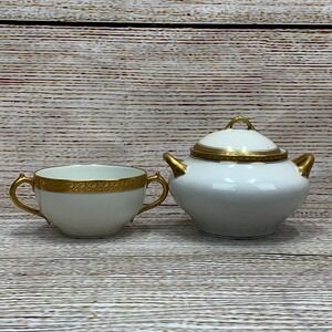 Vintage Limoges France Sugar Bowl and Creamer Set‎ Gold Trim White Porcelain